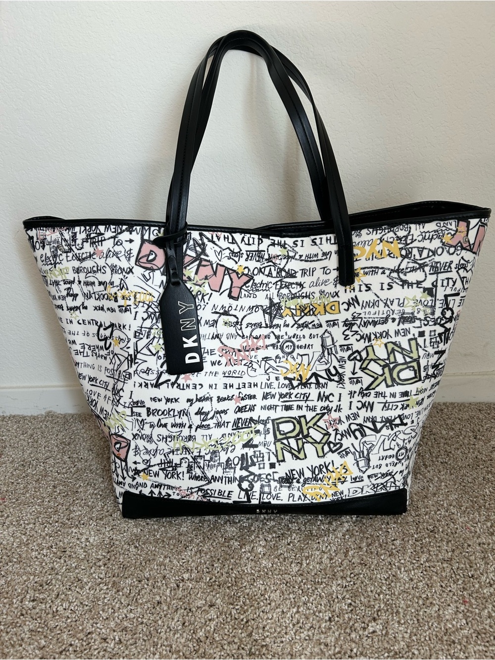 DKNY NY Graffiti Print Tote Bag with Black Trim